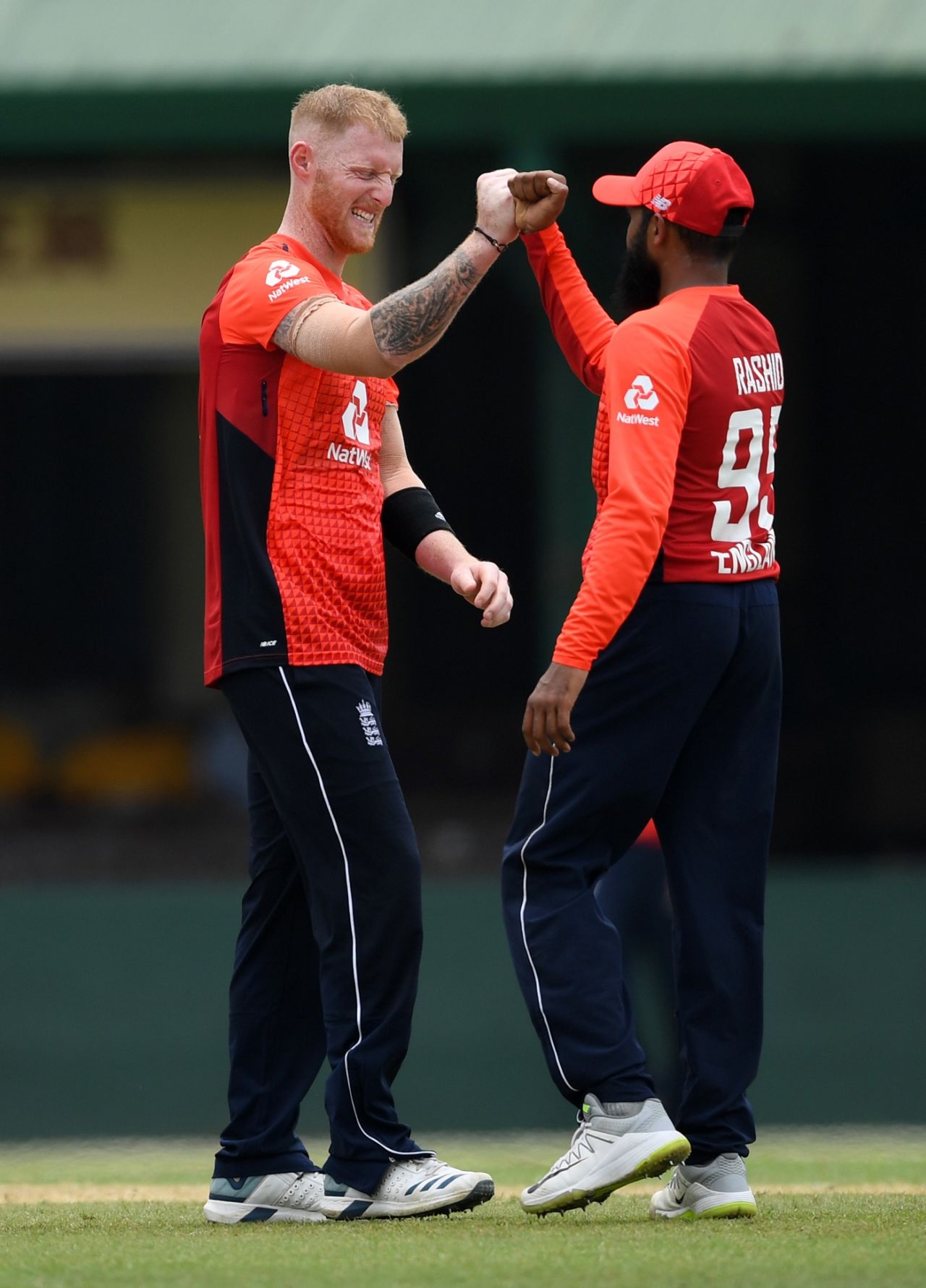Ben Stokes celebrates a wicket with Adil Rashid, Sri Lanka Board XI v England, tour match, P Sara Oval, October 5, 2018