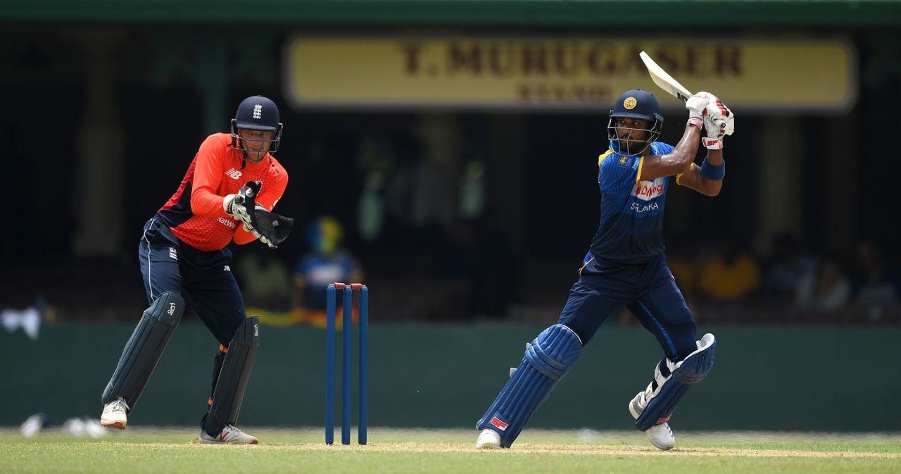 Dinesh Chandimal goes for a cut as Jos Buttler looks on, Sri Lanka Board XI v England, tour match, P Sara Oval, October 5, 2018