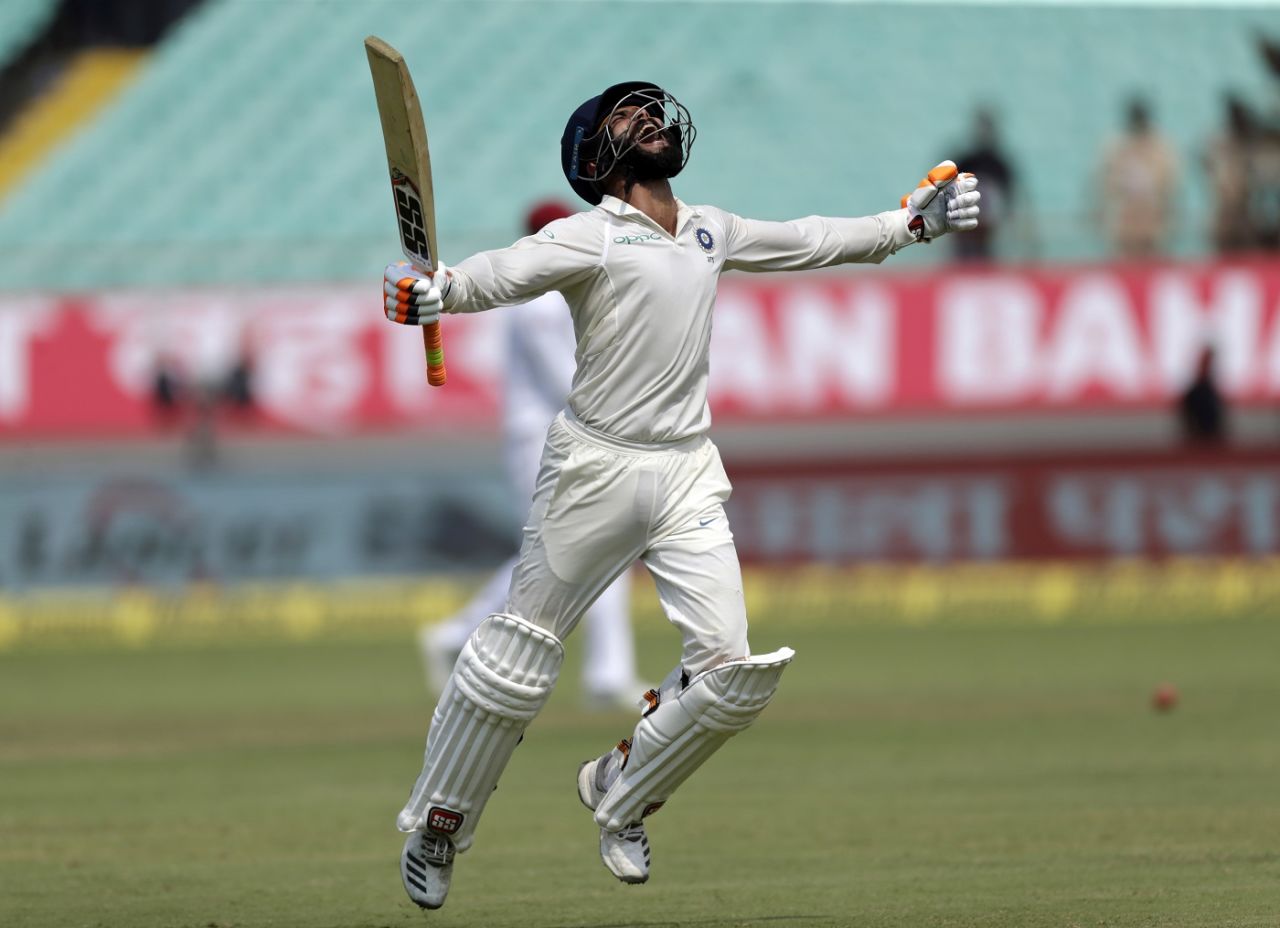 Ravindra Jadeja exults after bringing up his maiden Test ton, India v West Indies, 1st Test, Rajkot, 2nd day, October 5, 2018