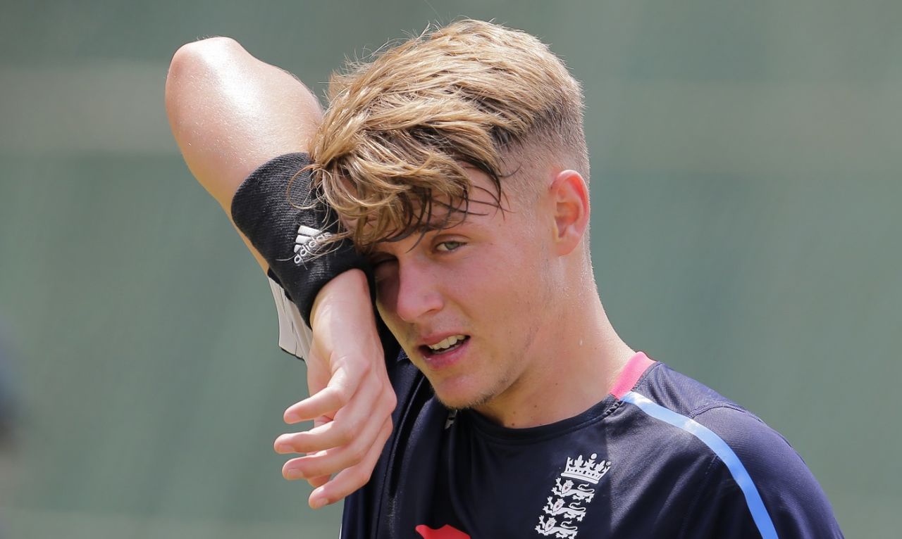 Sam Curran wipes the sweat off during a practice session, Colombo, October 3, 2018