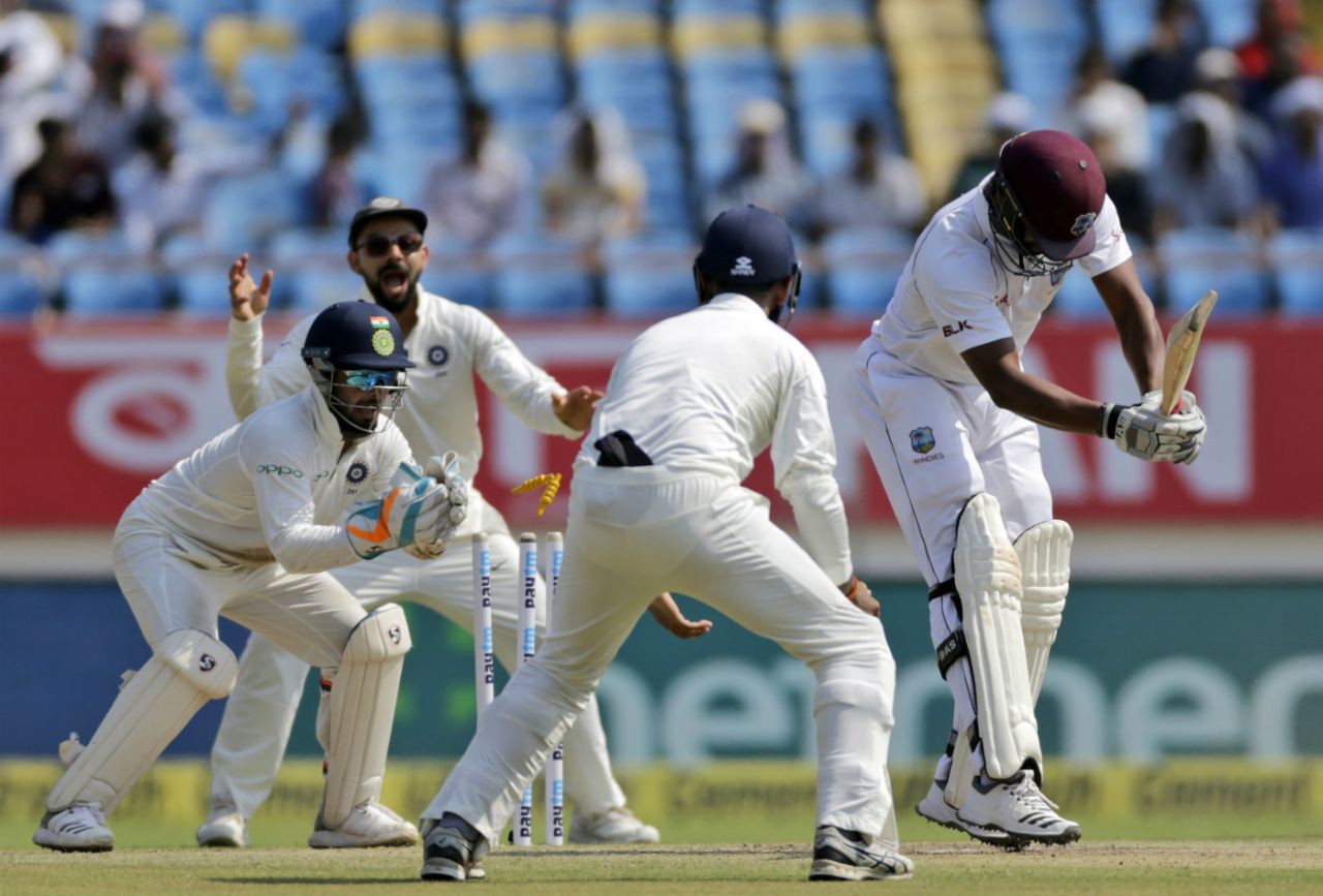 Rishabh Pant effects a smart stumping to dismiss Shannon Gabriel, India v West Indies, 1st Test, Rajkot, 3rd day, October 6, 2018