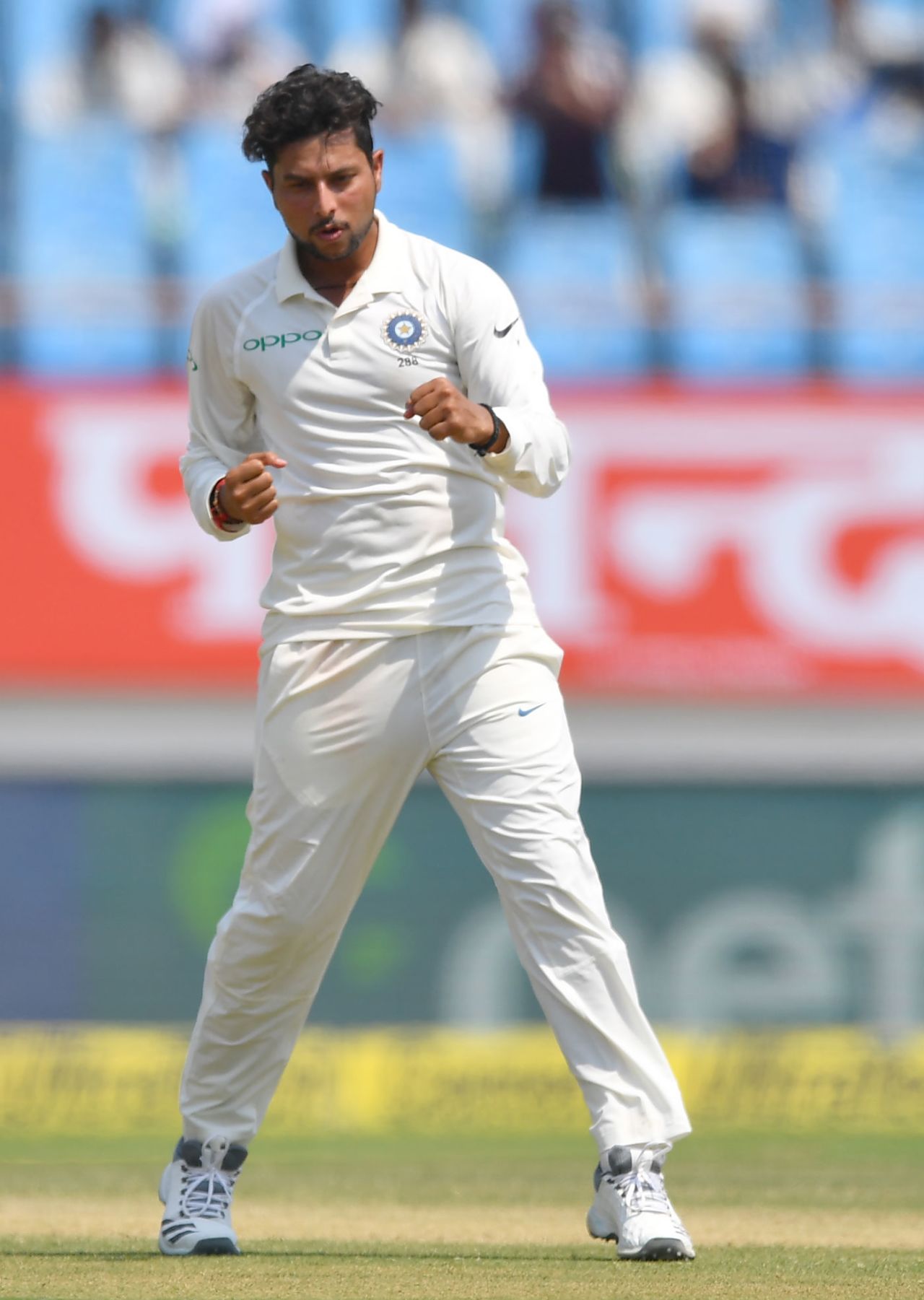 Kuldeep Yadav pumps his fist after taking a wicket, 1st Test, Rajkot, 3rd day, October 6, 2018