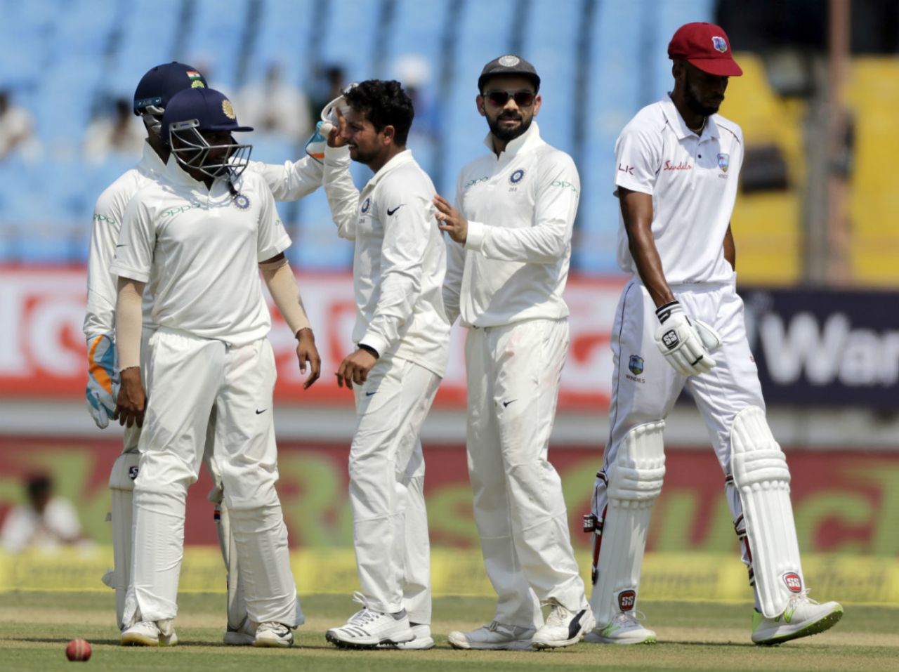 Kuldeep Yadav celebrates the wicket of Roston Chase, India v West Indies, 1st Test, Rajkot, 3rd day, October 5, 2018