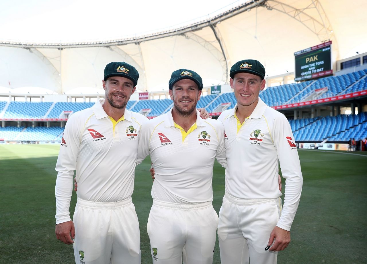 Debutants Travis Head, Aaron Finch and Marnus Labuschagne pose ahead of the game, Pakistan v Australia, 1st Test, 1st day, Dubai, October 7, 2018