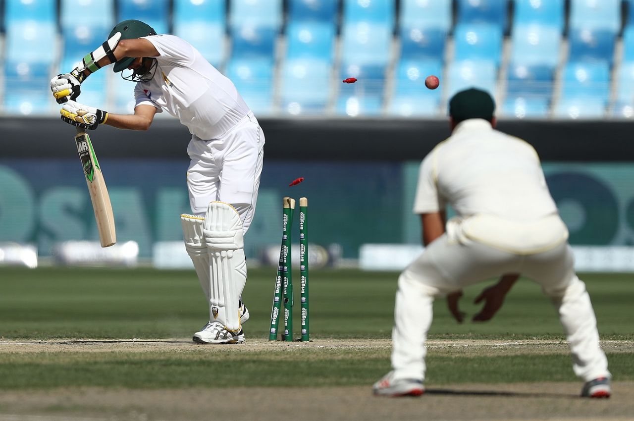 Mohammad Abbas was bowled for 1 Pakistan v Australia, 1st Test, Dubai, 2nd day, October 8, 2018