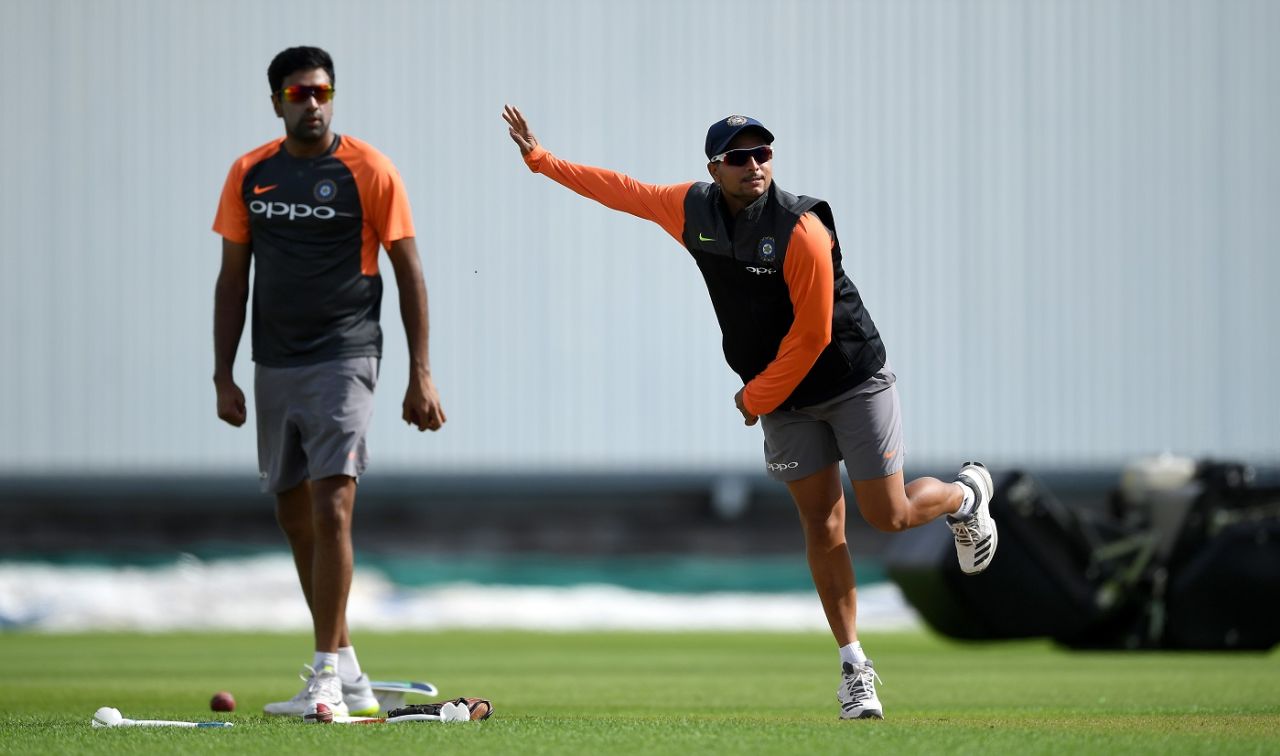 Kuldeep Yadav practices his art at training as spin-partner R Ashwin watches, Edgbaston, July 30, 2018