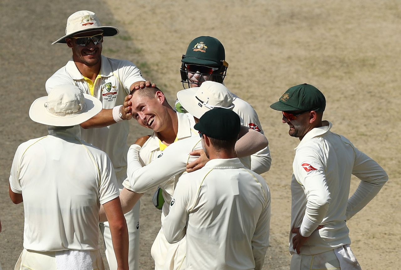 Marnus Labuschagne celebrates his maiden Test wicket, Pakistan v Australia, 1st Test, Dubai, 2nd day, October 8, 2018