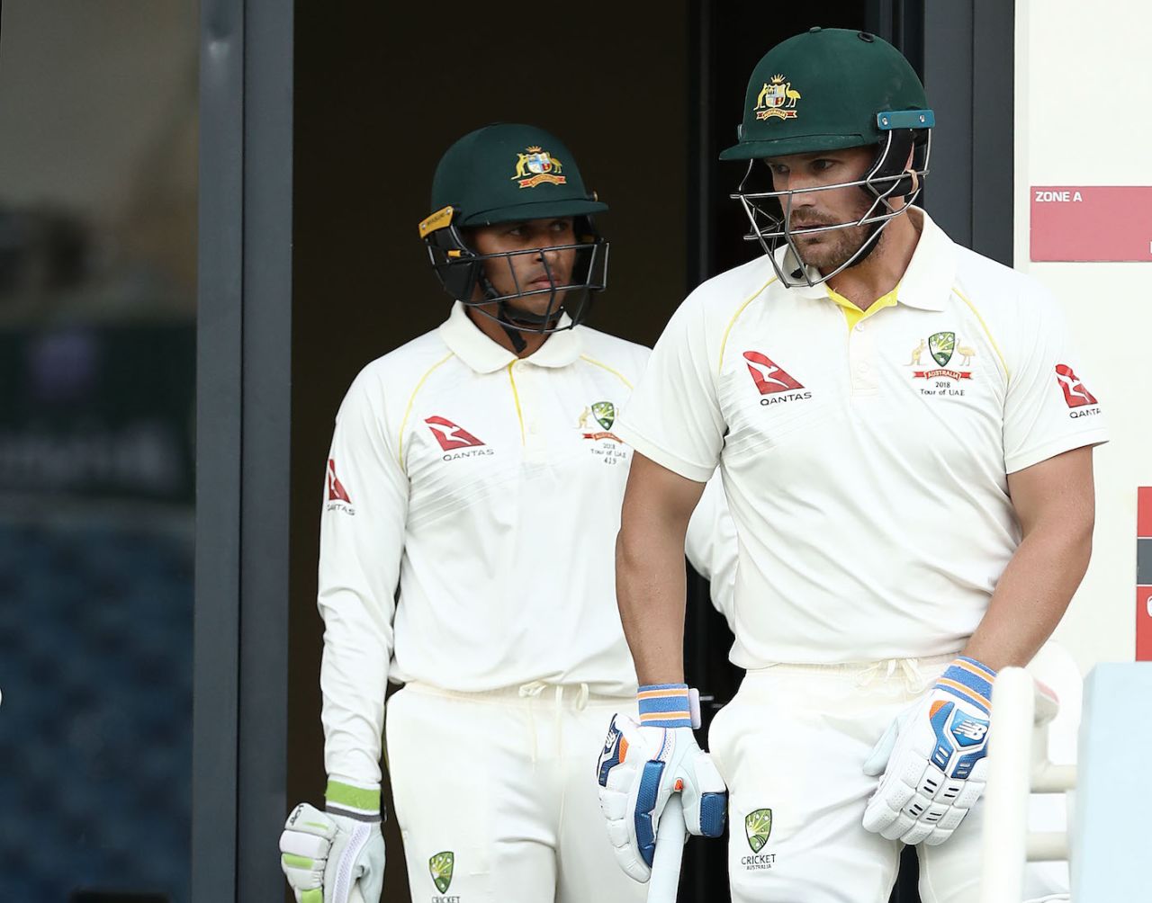 Usman Khawaja and Aaron Finch walk out, Pakistan v Australia, 1st Test, Dubai, 2nd day, October 8, 2018
