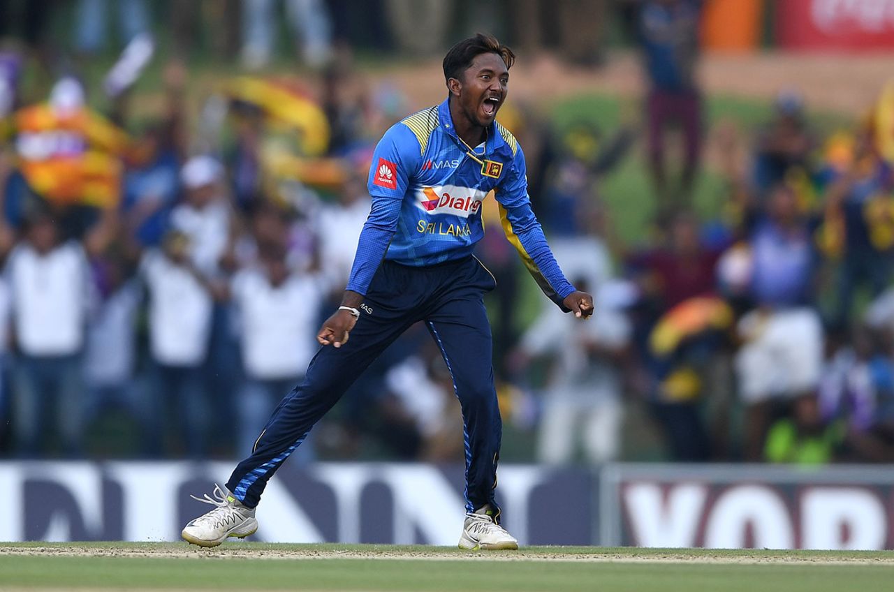 Akila Dananjaya celebrates removing Jason Roy, Sri Lanka v England, 1st ODI, Dambulla, October 10, 2018