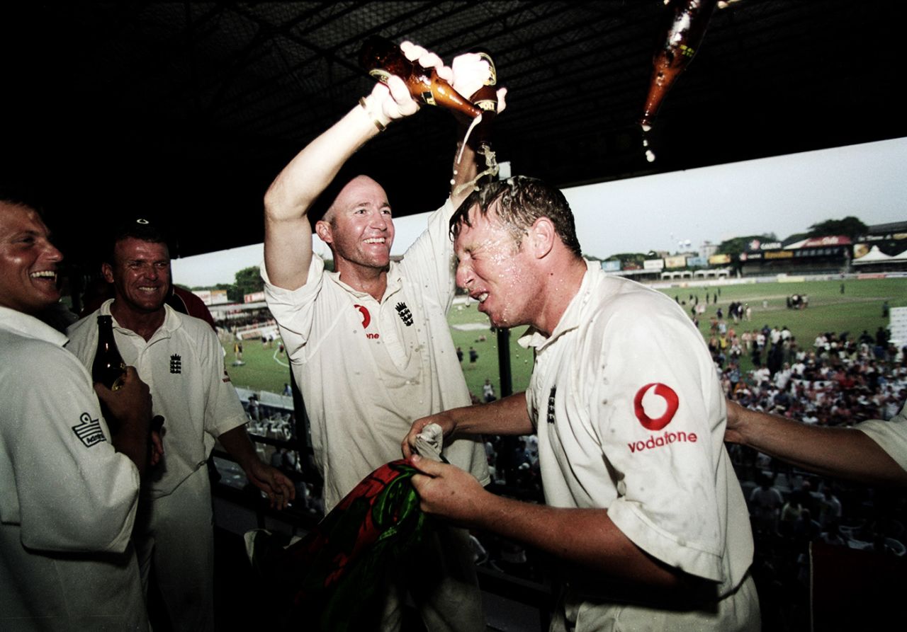 Robert Croft is drenched in beer by his team-mates, Sri Lanka v England, 3rd Test, Colombo, 3rd day, March 17, 2001