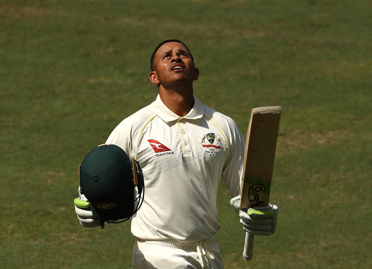 Usman Khawaja looks to the heavens after making his first century in Asia, Pakistan v Australia, 1st Test, Dubai, 5th day, October 11, 2018