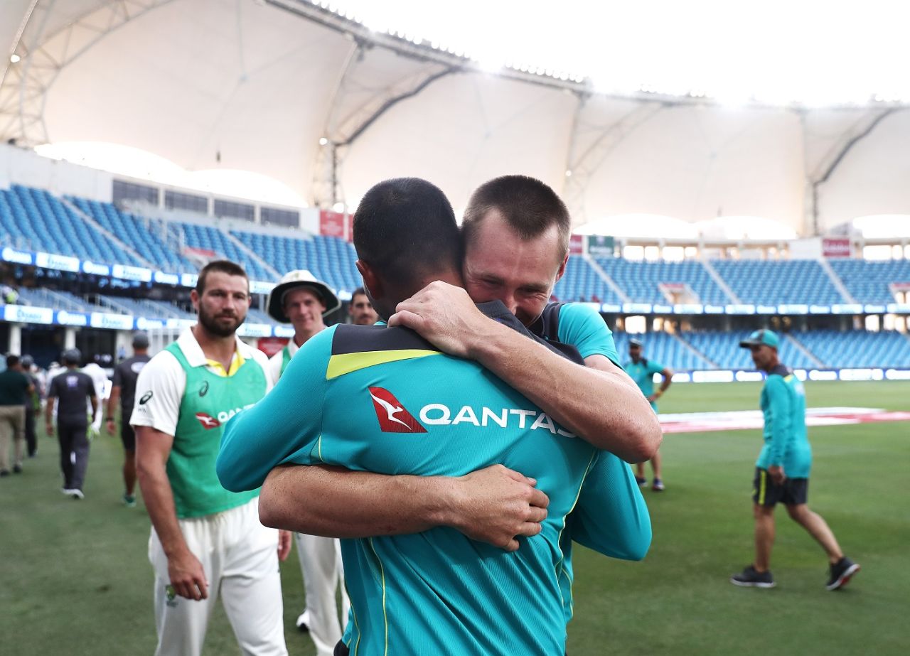 Usman Khawaja and Marnus Labuschagne are overjoyed after Australia salvaged a draw, Pakistan v Australia, 1st Test, Dubai, 5th day, October 11, 2018