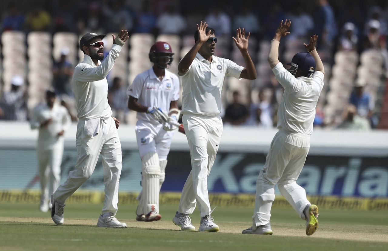R Ashwin celebrates a wicket, India v West Indies, 2nd Test, Hyderabad, 1st day, October 12, 2018