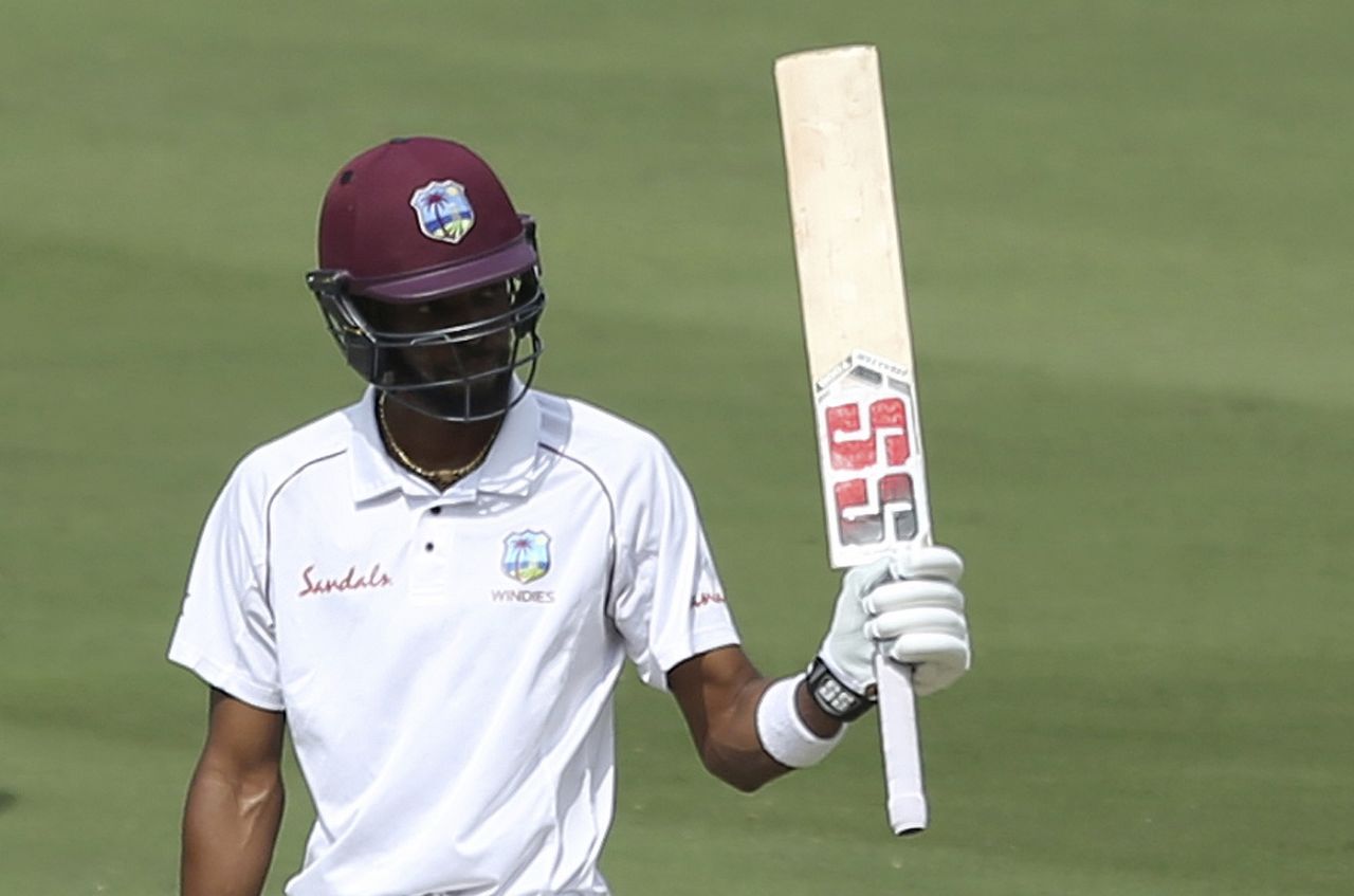 Roston Chase raises his bat after bringing up a fifty, India v West Indies, 2nd Test, Hyderabad, 1st day, October 12, 2018