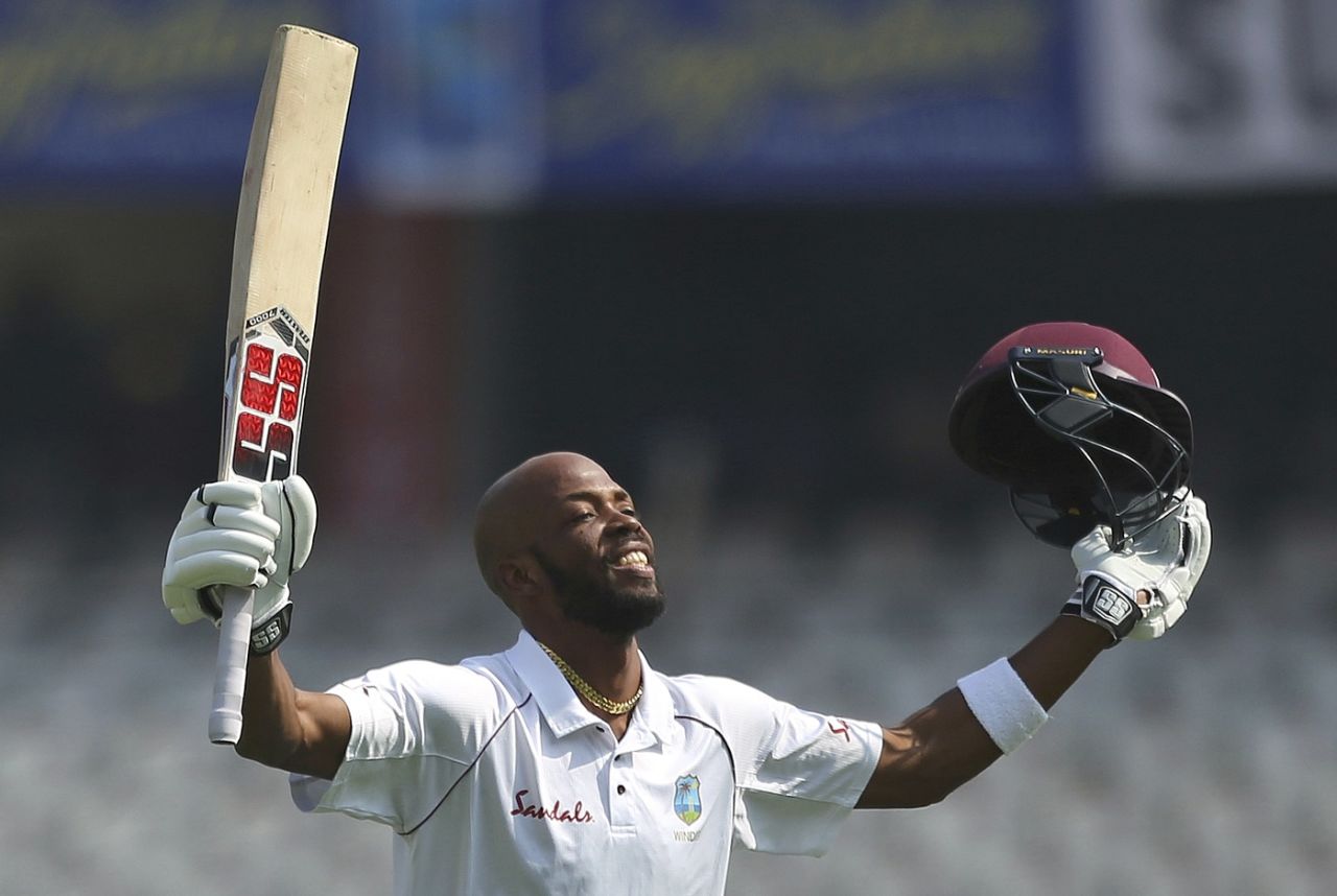Roston Chase celebrates reaching his century, India v West Indies, 2nd Test, Hyderabad, 2nd day, October 13, 2018