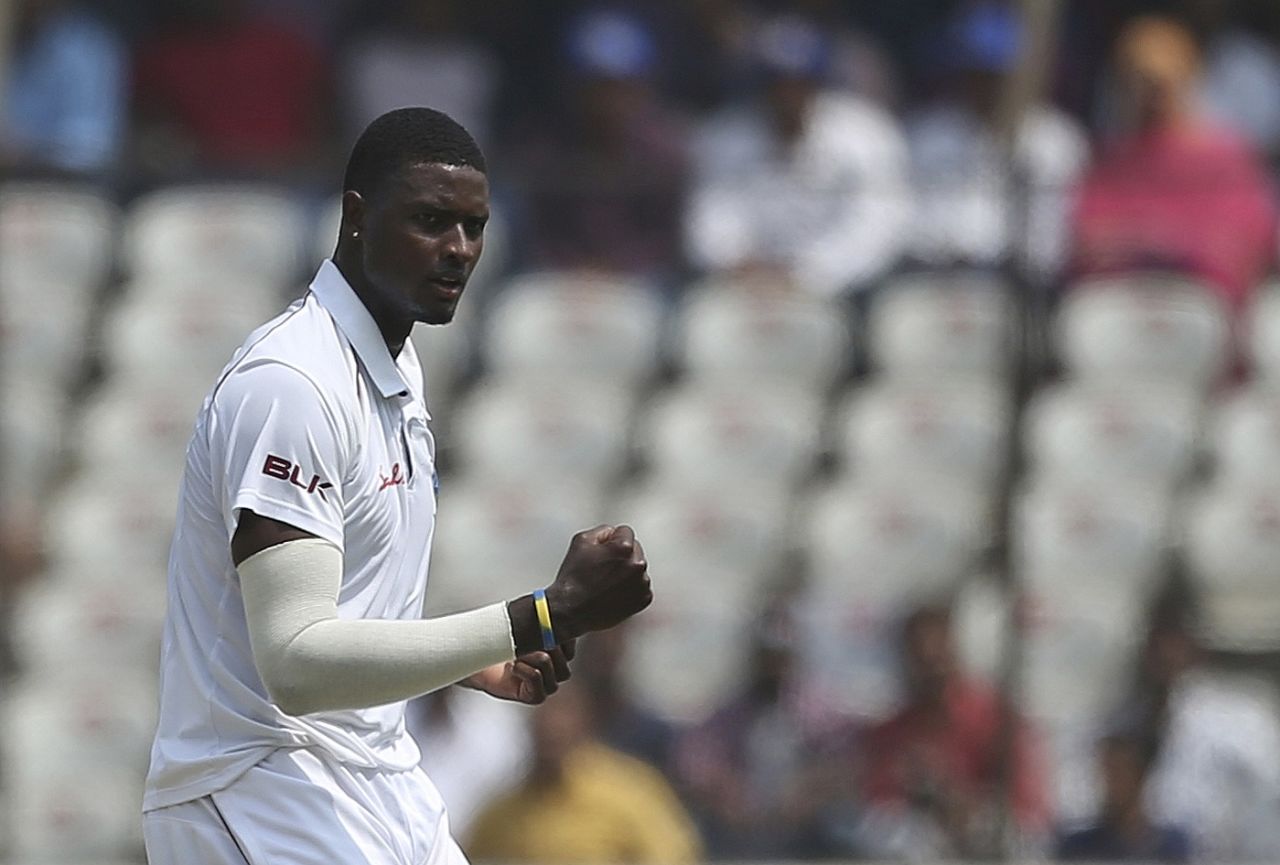 Jason Holder celebrates after taking a wicket, India v West Indies, 2nd Test, Hyderabad, 2nd day, October 13, 2018