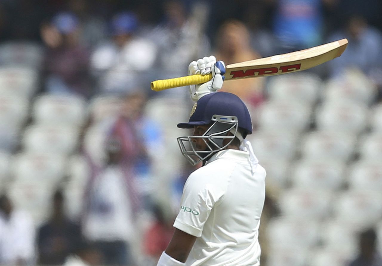Prithvi Shaw after raising his second successive fifty plus score in Tests, India v West Indies, 2nd Test, Hyderabad, 2nd day, October 13, 2018