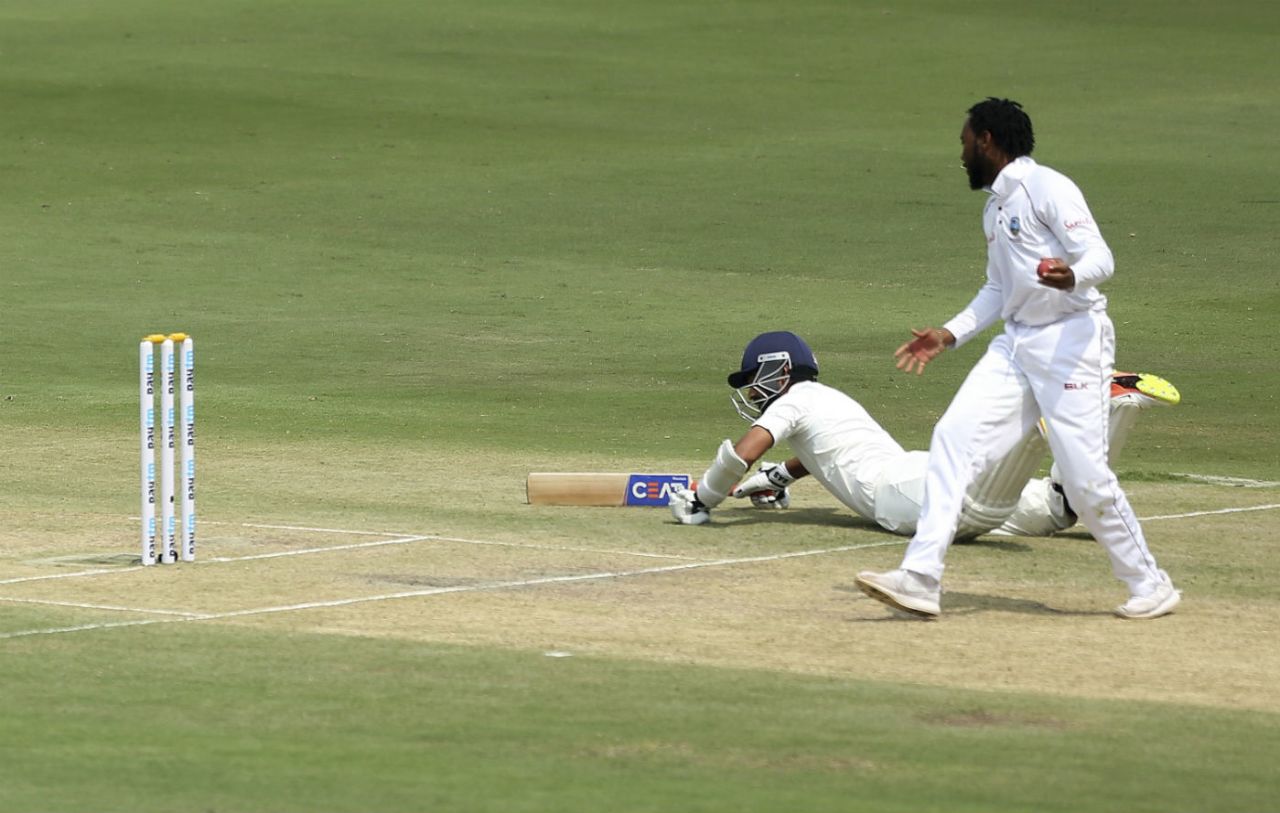 Ajinkya Rahane survived a run out opportunity after a mix-up with Virat Kohli, India v West Indies, 2nd Test, Hyderabad, 2nd day, October 13, 2018