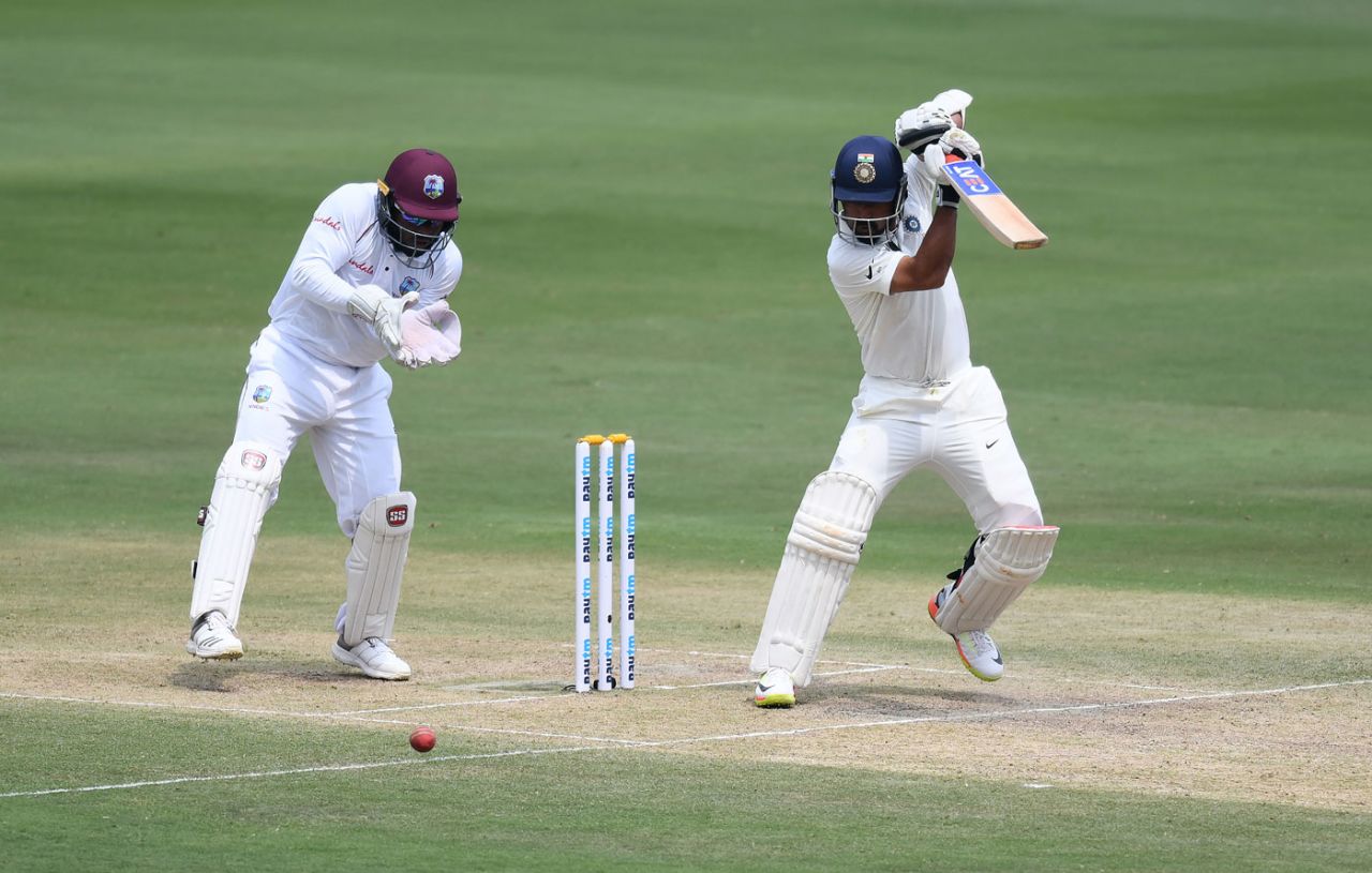 Ajinkya Rahane punches through the off side, India v West Indies, 2nd Test, Hyderabad, 2nd day, October 13, 2018