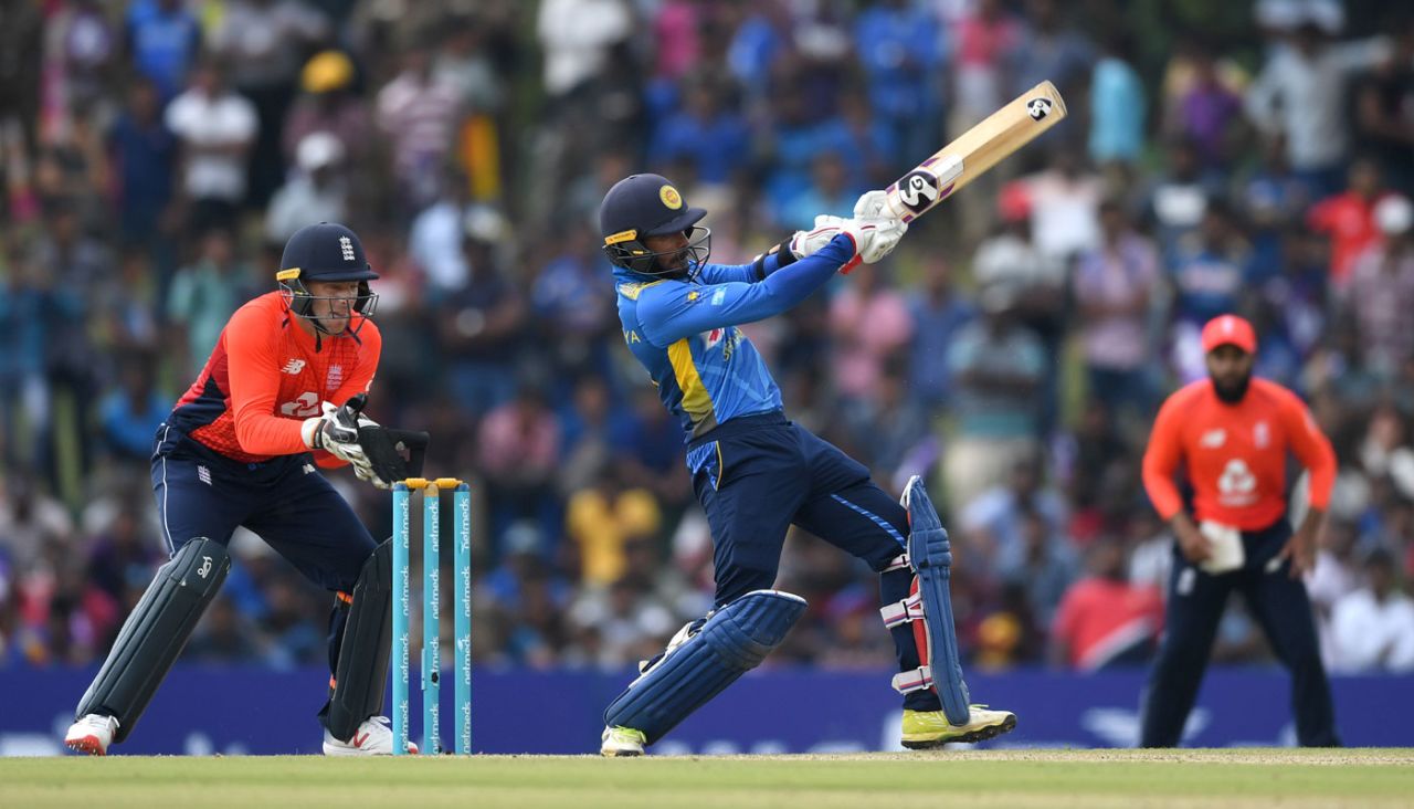 Dhananjaya de Silva rocks back to swing over the leg side, Sri Lanka v England, 2nd ODI, Dambulla, October 13, 2018