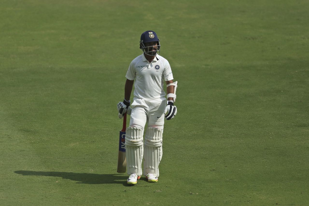 Ajinkya Rahane walks back after being dismissed, India v West Indies, 2nd Test, Hyderabad, Day 3, October 14, 2018