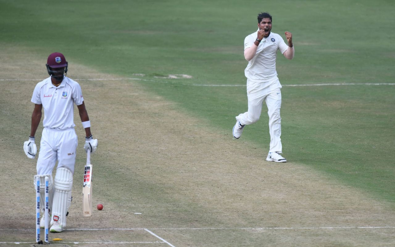 Umesh Yadav screams after breaching Roston Chase's defence, India v West Indies, 2nd Test, Hyderabad, Day 3, October 14, 2018