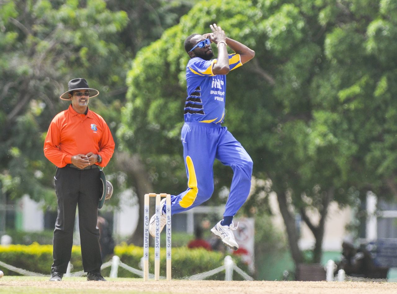 Sulieman Benn leaps in his delivery stride, Barbados v United States of America, Super50 Cup, Group B, Cave Hill, October 16, 2018