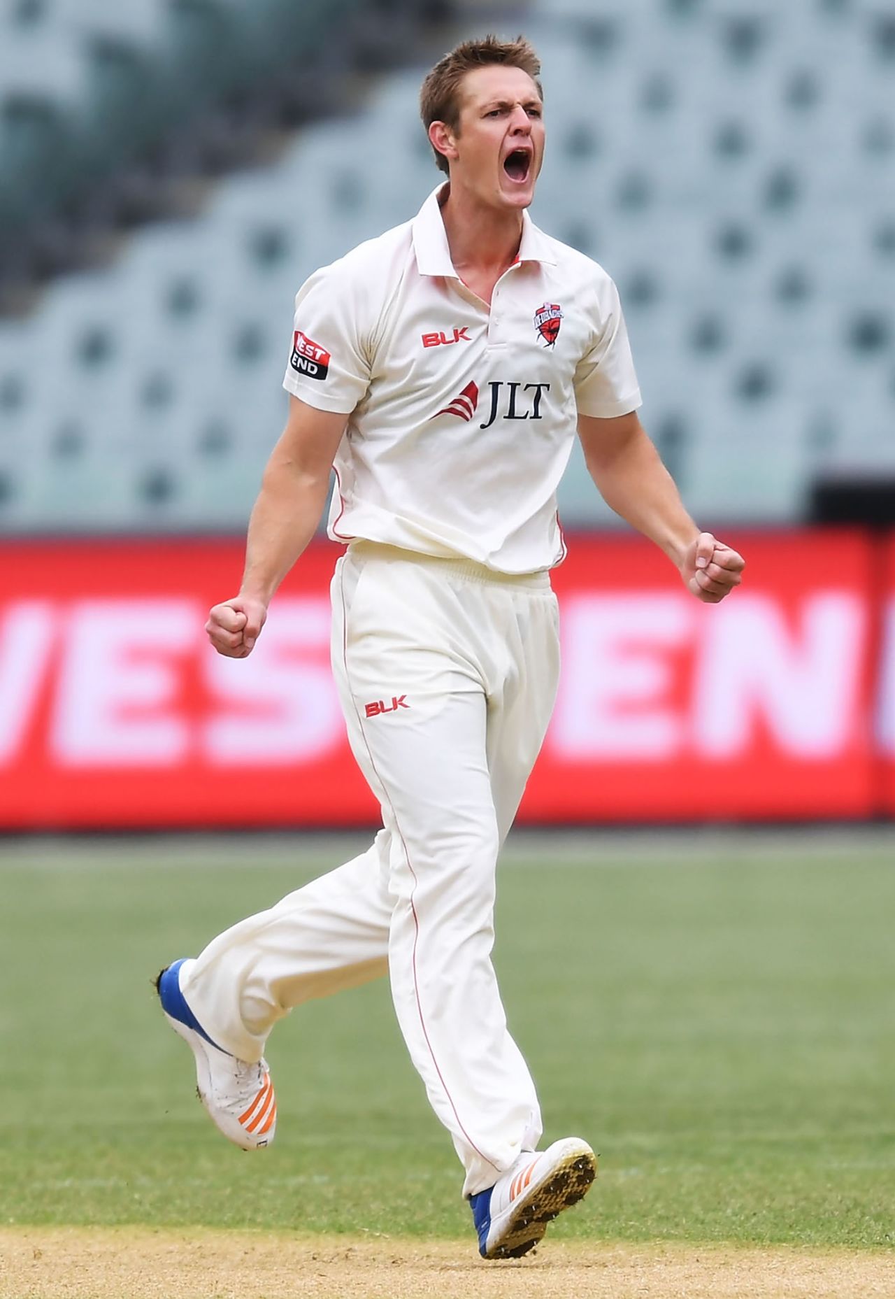 Joe Mennie is thrilled after taking a wicket, South Australia v New South Wales, Sheffield Shield 2018-19, Adelaide, 2nd day, October 17, 2018