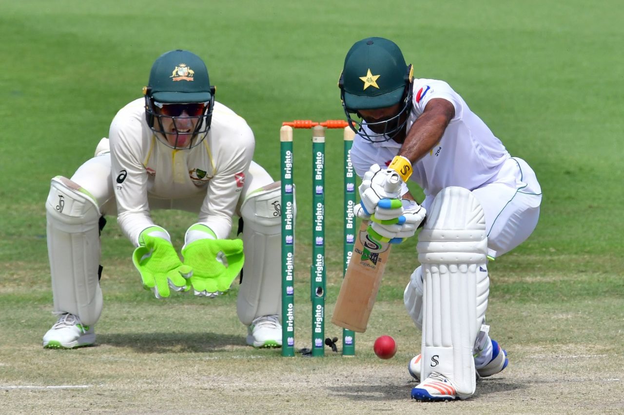 Tim Paine looks on as Asad Shafiq lunges forward to defend, Pakistan v Australia, 2nd Test, Abu Dhabi, 3rd day, October 18, 2018