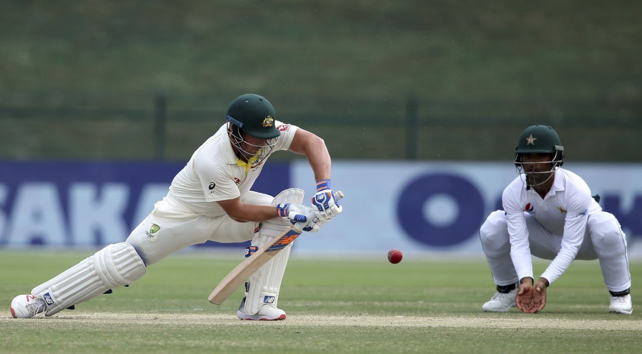 Aaron Finch gets forward to defend, Pakistan v Australia, 2nd Test, Abu Dhabi, 4th day, October 19, 2018