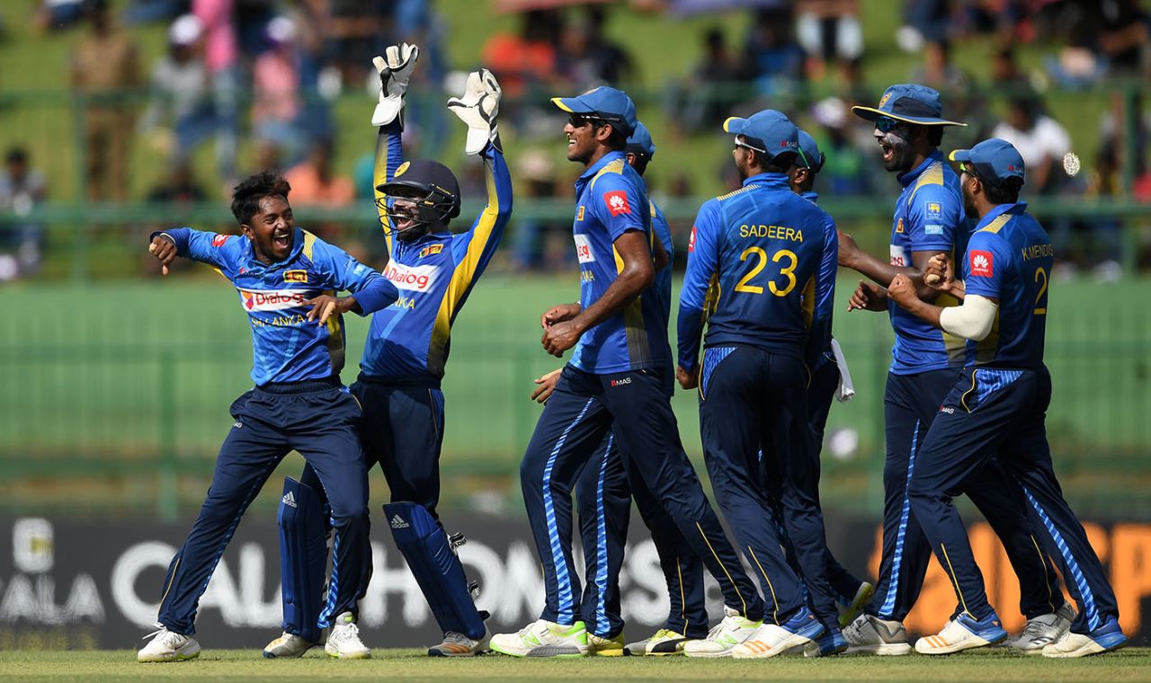 Akila Dananjaya celebrates after Jason Roy was given out on DRS, Sri Lanka v England, 4th ODI, Pallekele, October 20, 2018