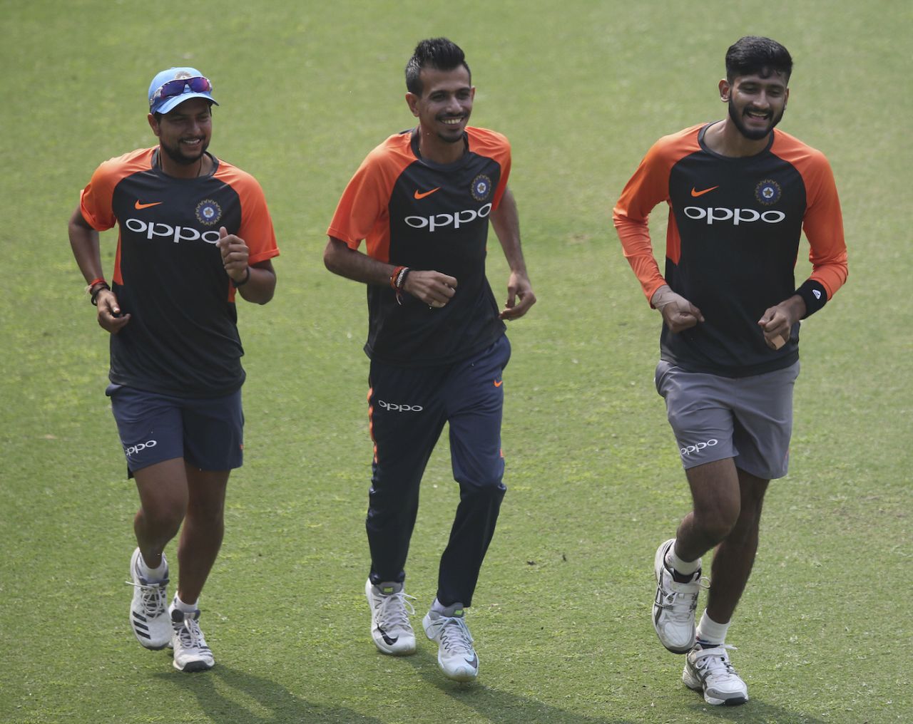 Kuldeep Yadav, Yuzvendra Chahal and Khaleel Ahmed warm up ahead of the first ODI against West Indies, Guwahati, October 20, 2018
