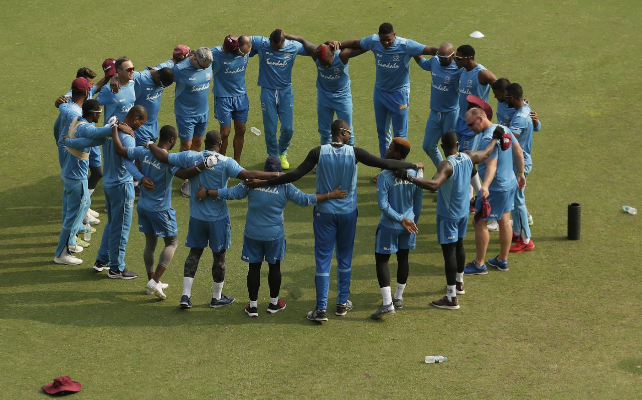 The West Indies team in a huddle on the eve of the first ODI against India, Guwahati, October 20, 2018