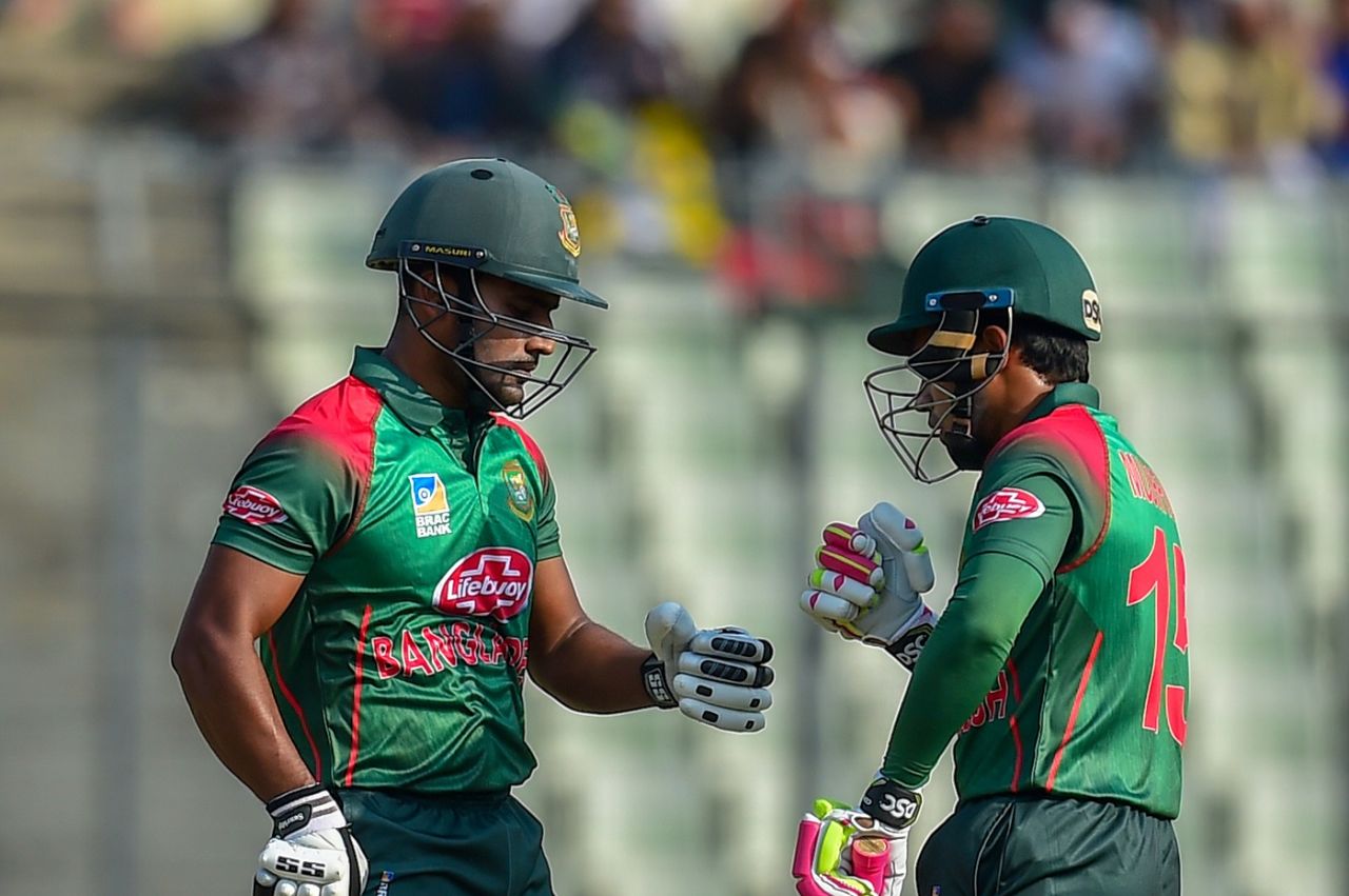 Imrul Kayes and Mushfiqur Rahim fist-bump each other, Bangladesh v Zimbabwe, 1st ODI, Mirpur, October 21, 2018