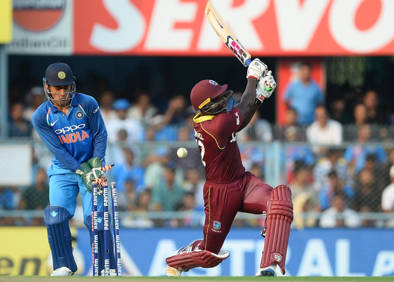 Rovman Powell was bowled by Ravindra Jadeja, India v West Indies, 1st ODI, Guwahati, October 21, 2018