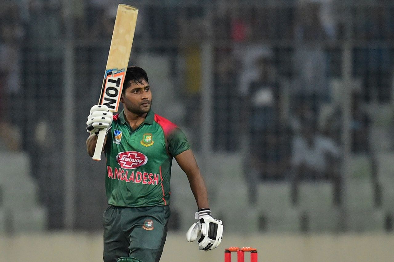 Imrul Kayes raises his bat after reaching a hundred, Bangladesh v Zimbabwe, 1st ODI, Mirpur, October 21, 2018