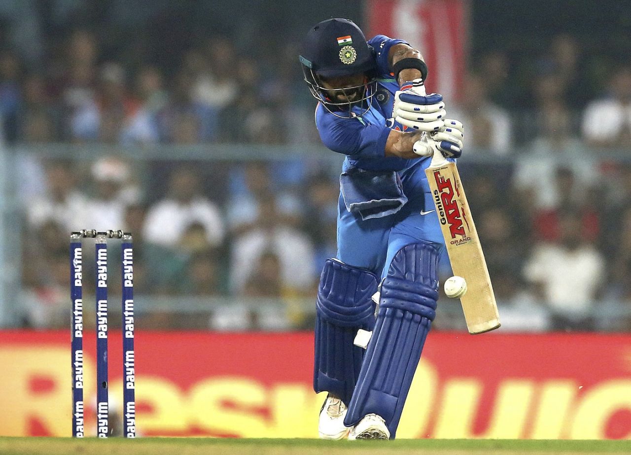 Virat Kohli opens the face of the bat as he meets the ball, India v West Indies, 1st ODI, Guwahati, October 21, 2018