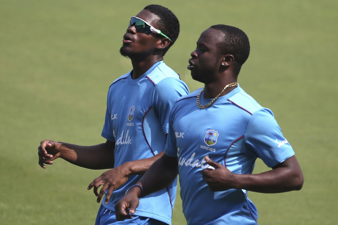 Kemar Roach and Keemo Paul at a training session on the eve of the second ODI against India, Visakhapatnam, October 23, 2018