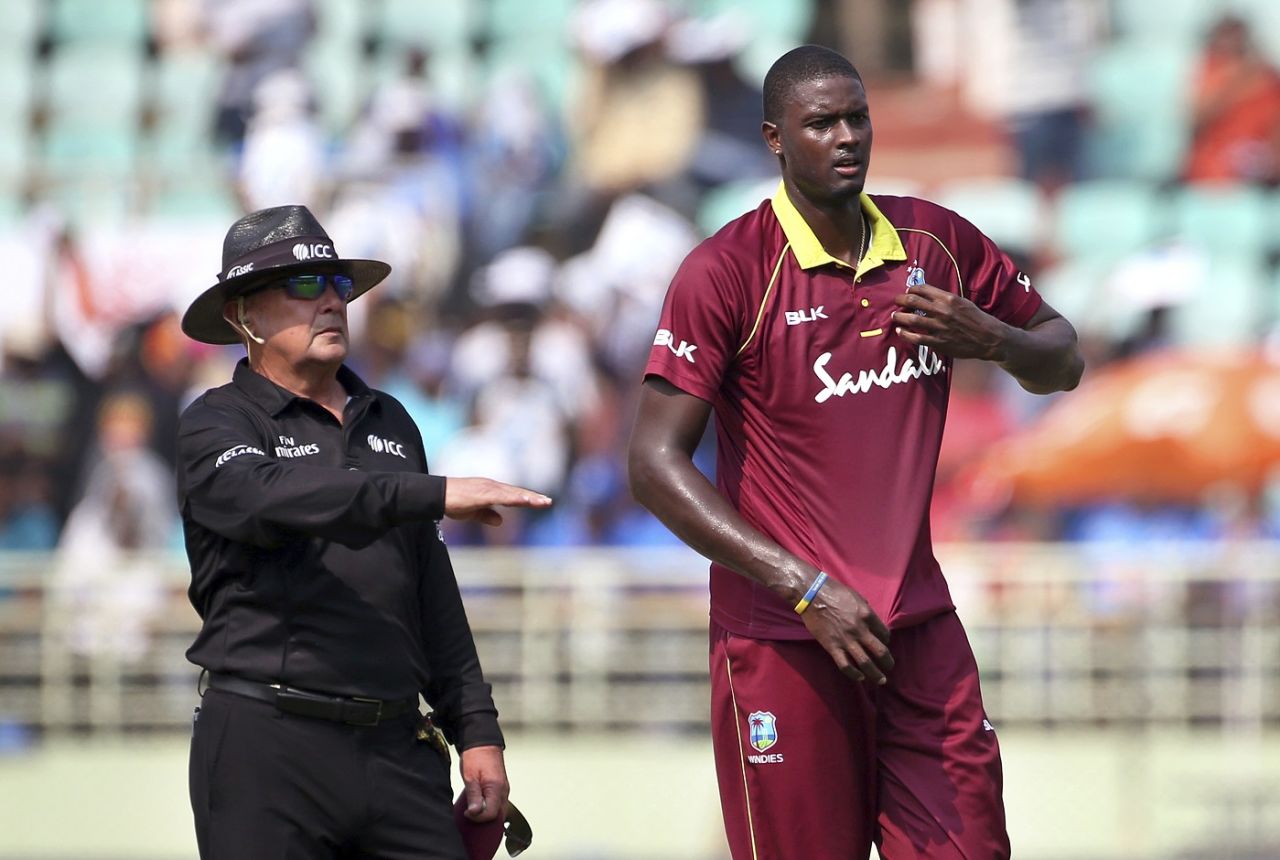 Jason Holder reacts after umpire Ian Gould signals four, India v West Indies, 2nd ODI, Visakhapatnam, October 24, 2018