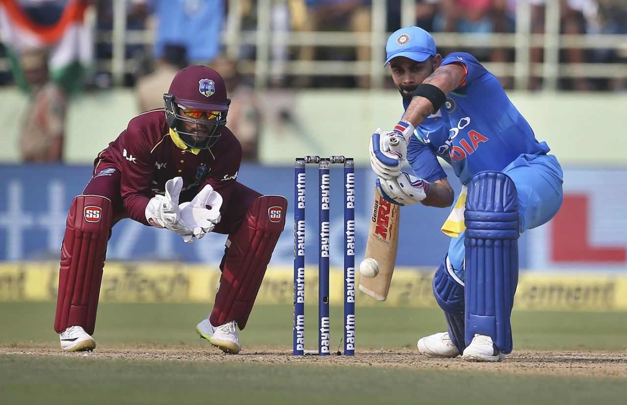 Virat Kohli lunges forward to meet the ball, India v West Indies, 2nd ODI, Visakhapatnam, October 24, 2018