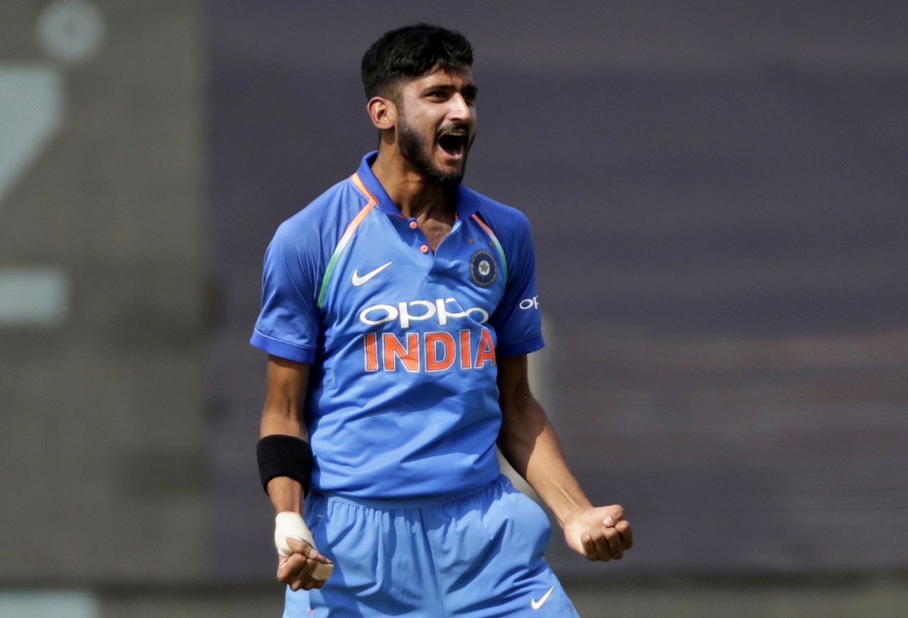 Khaleel Ahmed is thrilled after picking up a wicket, India v West Indies, 3rd ODI, Pune, October 27, 2018