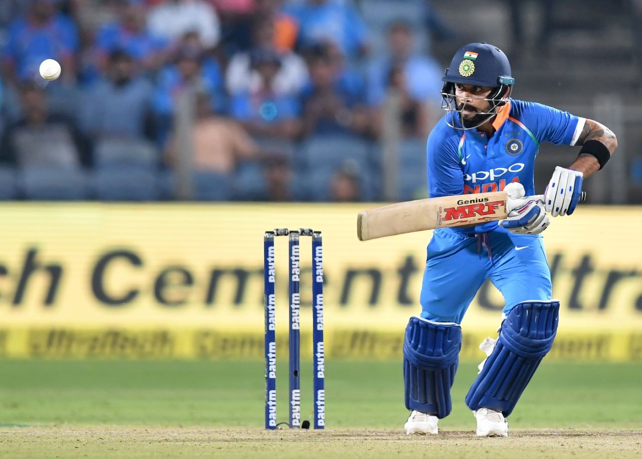 Virat Kohli taps it into the off side, India v West Indies, 3rd ODI, Pune, October 27, 2018