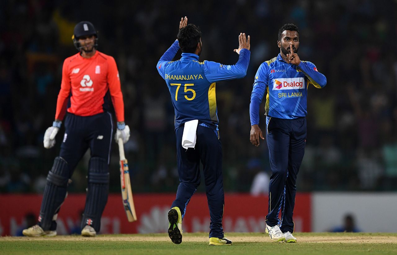 Amila Aponso celebrates the wicket of Alex Hales, Sri Lanka v England, only T20I, October 27, 2018