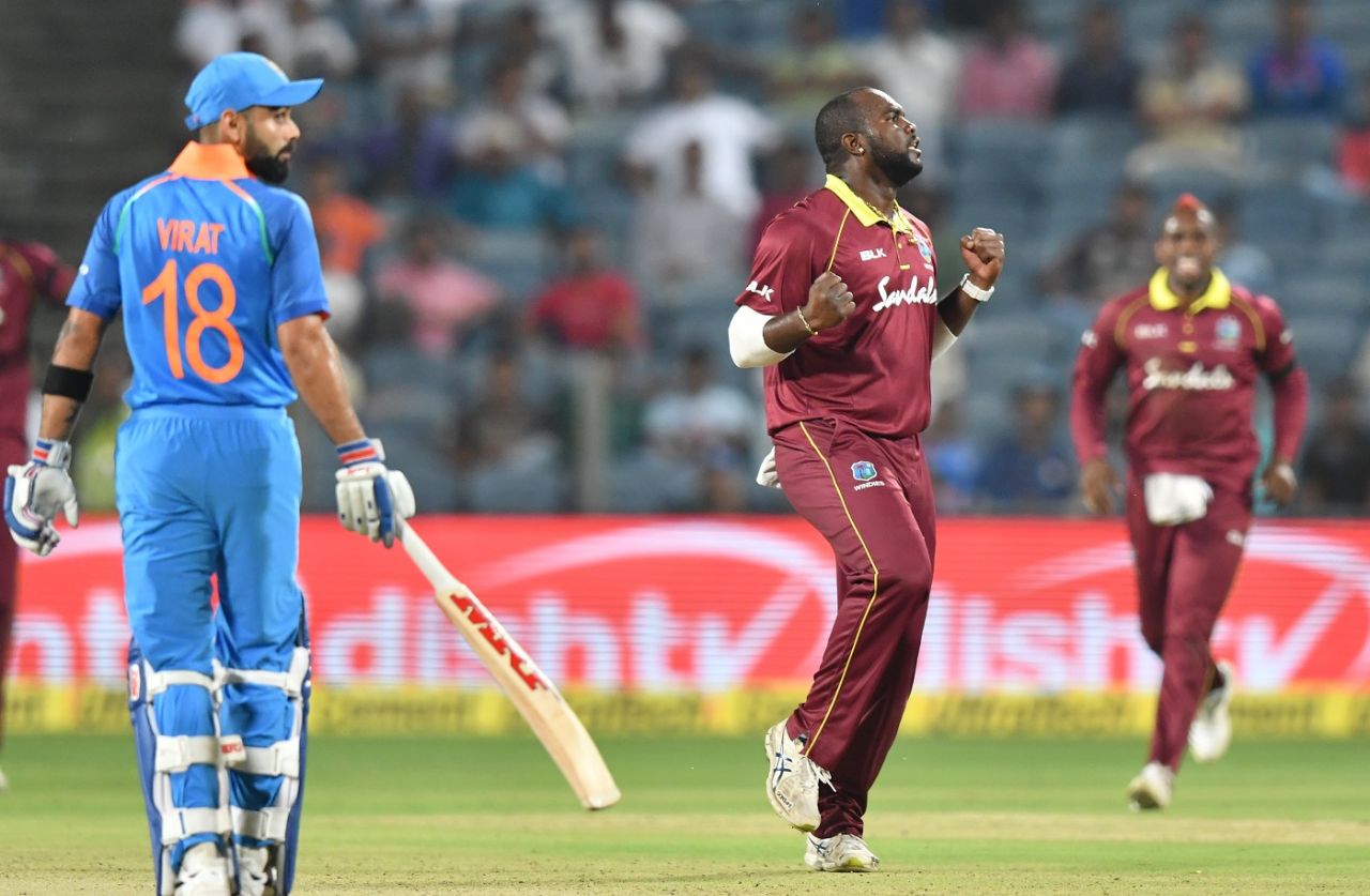 Ashley Nurse is pumped up after taking a wicket, India v West Indies, 3rd ODI, Pune, October 27, 2018