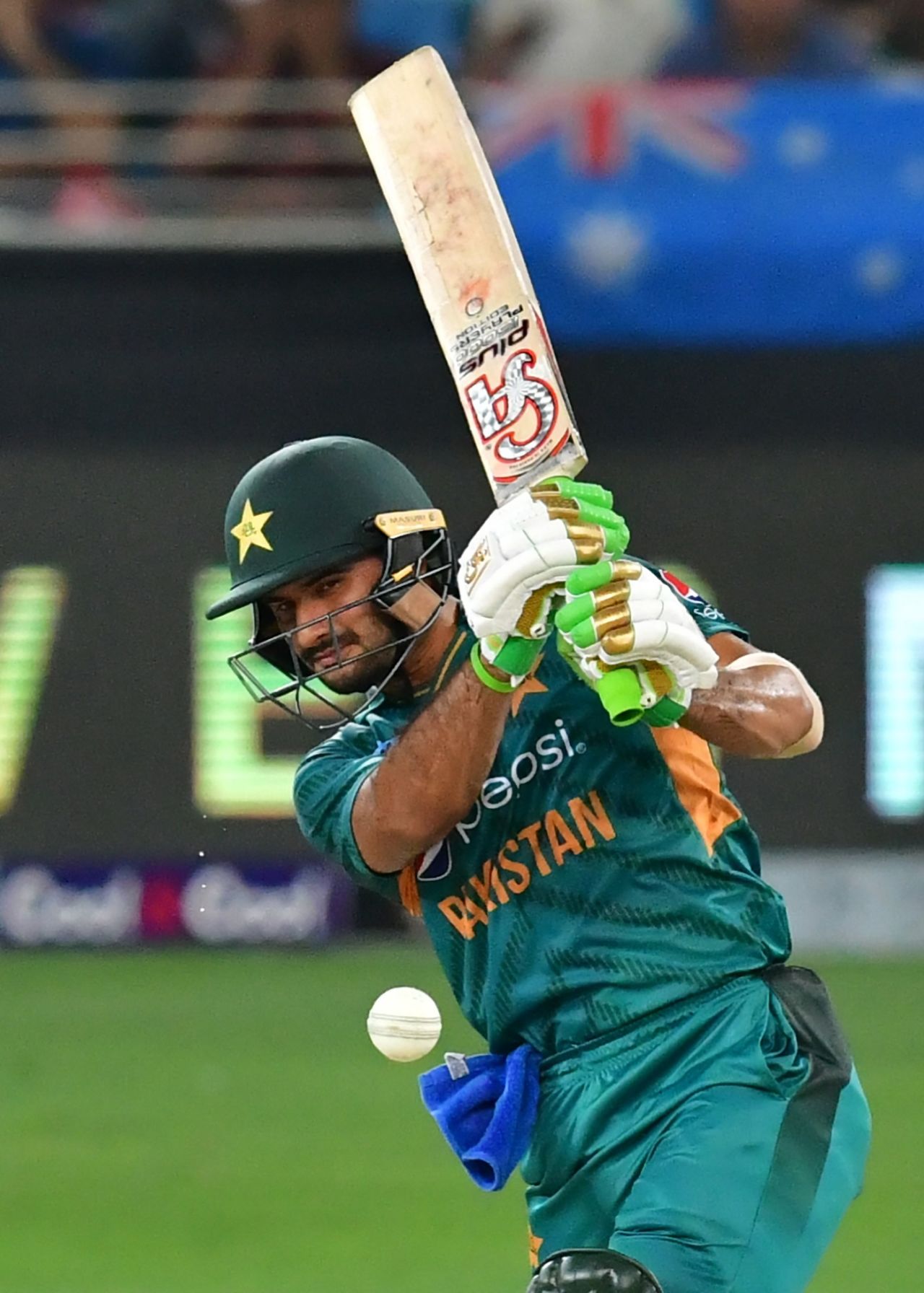Sahibzada Farhan drills one down the ground, Pakistan v Australia, 3rd T20I, Dubai, October 28, 2018