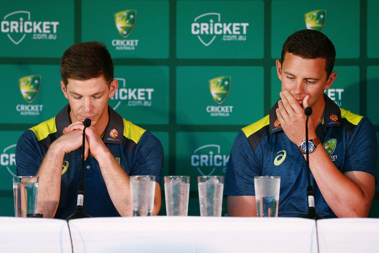 Australian Test Captain Tim Paine (L) and Co Vice-Captain Josh Hazlewood present the player review during a Cricket Australia press conference, Melbourne Cricket Ground on October 29, 2018 in Melbourne, Australia.