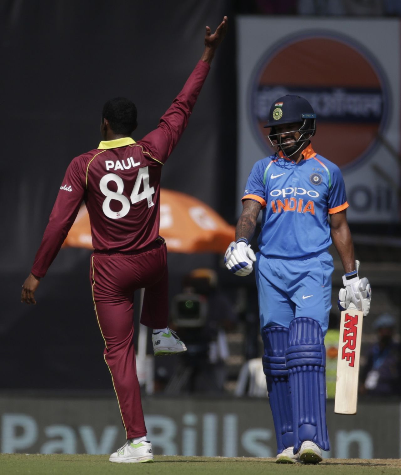 Keemo Paul imitates Shikhar Dhawan's 'Gabbar' celebration after getting the batsman out, India v West Indies, 4th ODI, CCI Mumbai, October 29, 2018