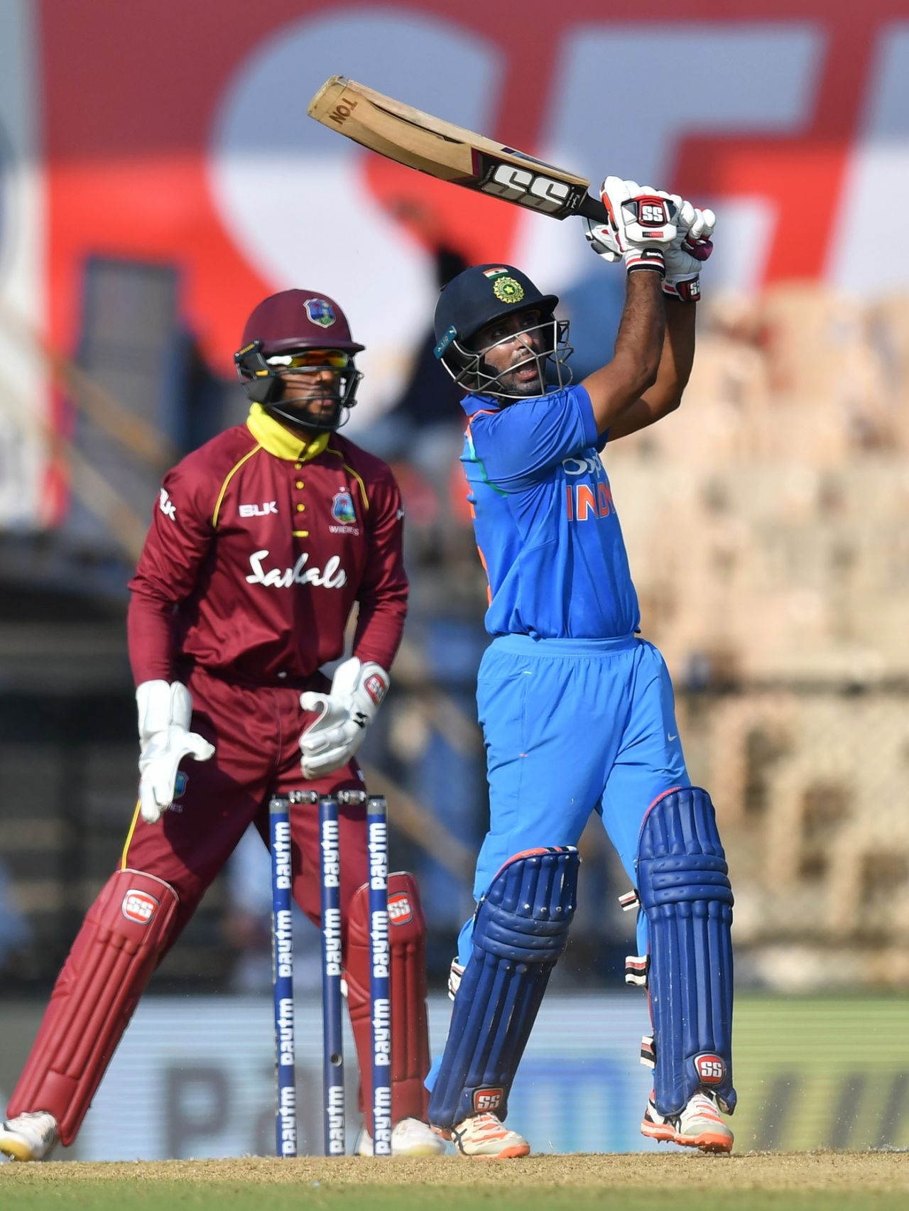 Ambati Rayudu enjoys a six over long on, India v West Indies, 4th ODI, Mumbai, October 29, 2018
