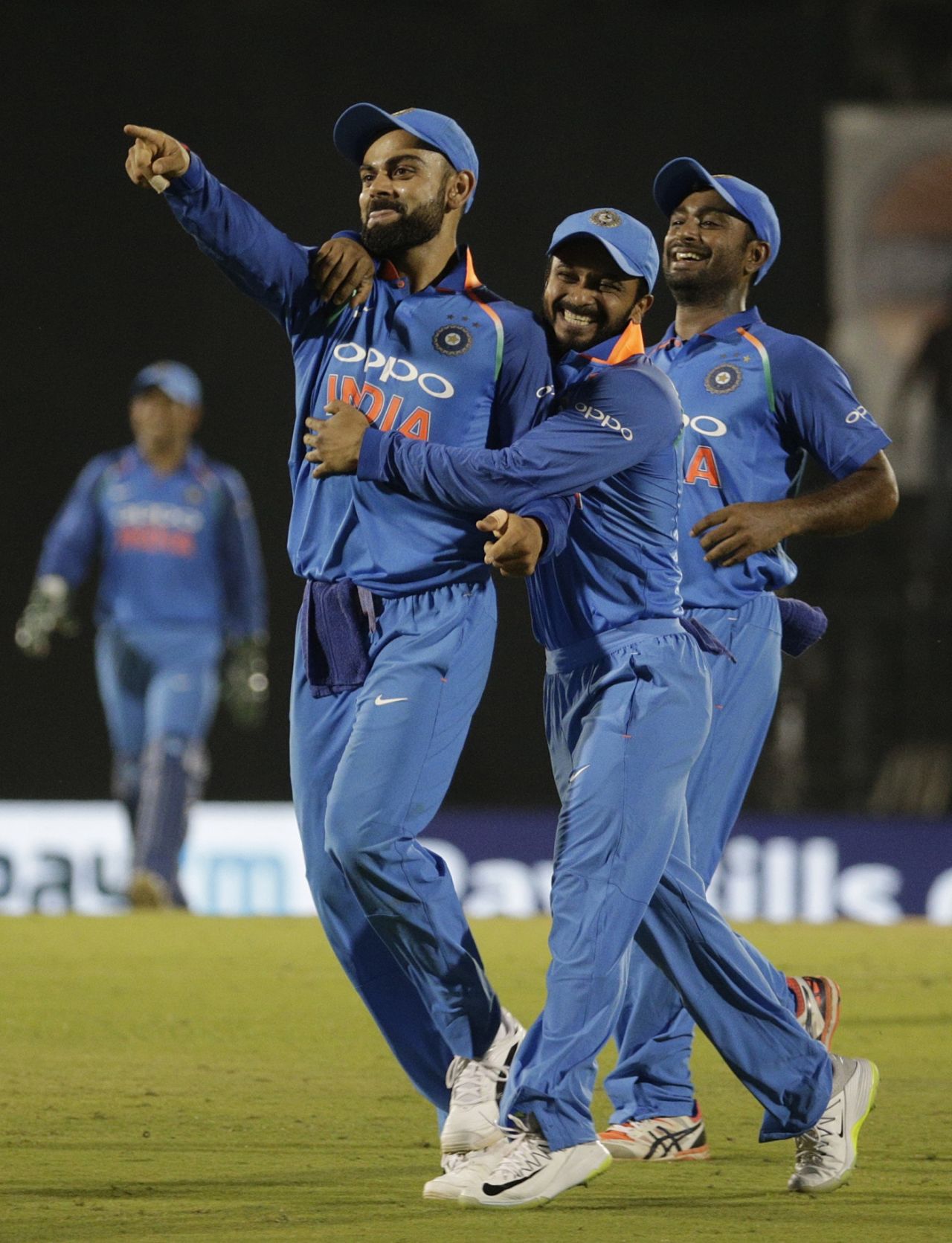 Virat Kohli celebrates after effecting a direct hit run out, India v West Indies, 4th ODI, CCI Mumbai, October 29, 2018