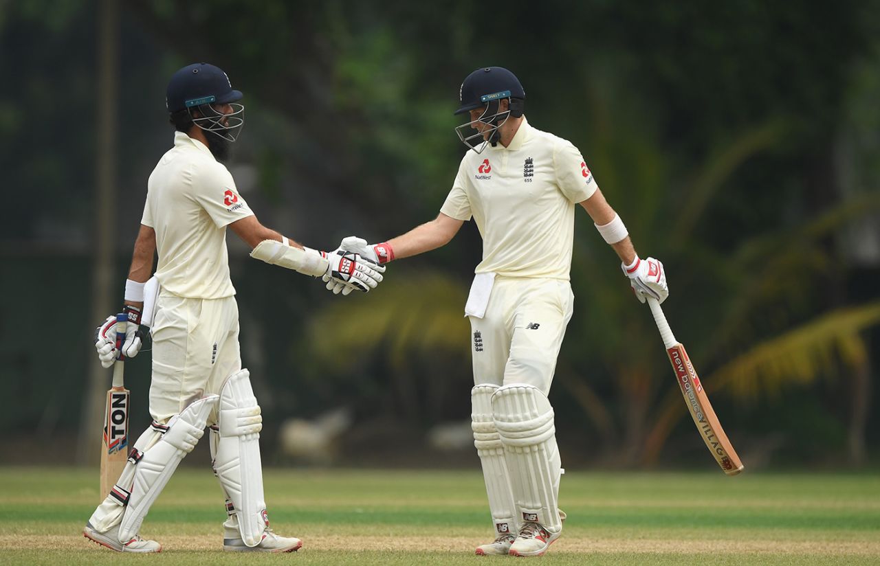 Moeen Ali congratulates Joe Root on his century, Sri Lanka Board XI v England XI, Tour match, Colombo, October 31, 2018